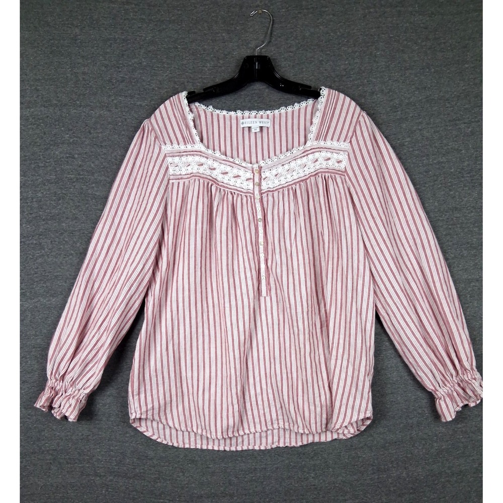 Eileen West Womens Pajama Top M Red White Stripe Flannel Prairie Cottage Core